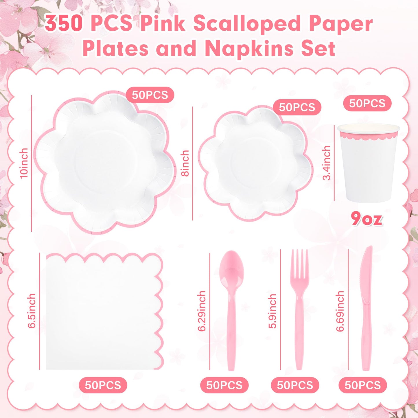 350 Pcs Pink and White Paper Plates and Napkins Set, 10" White Dinner Plates with Pink Scalloped Edge, 8" Scalloped Dessert Plate, Napkins, Cups