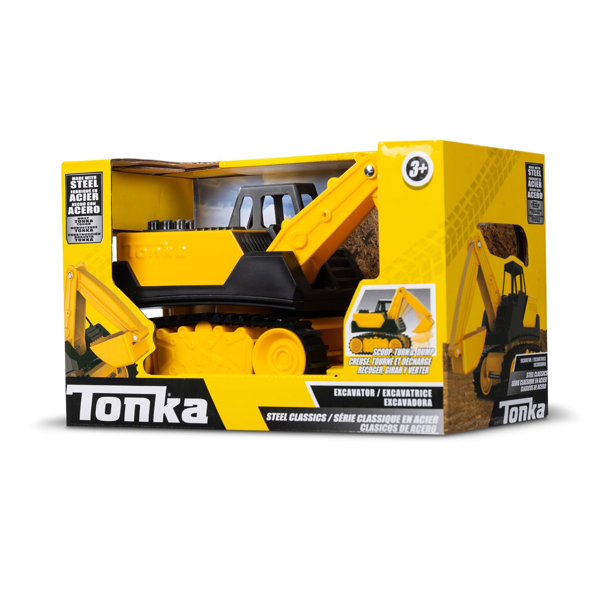 Basic Fun Tonka Mini Steel Classics Excavator - Steel Construction, Movable Grappling Basket, Riding Caterpillars, Classic Yellow Design - Perfect