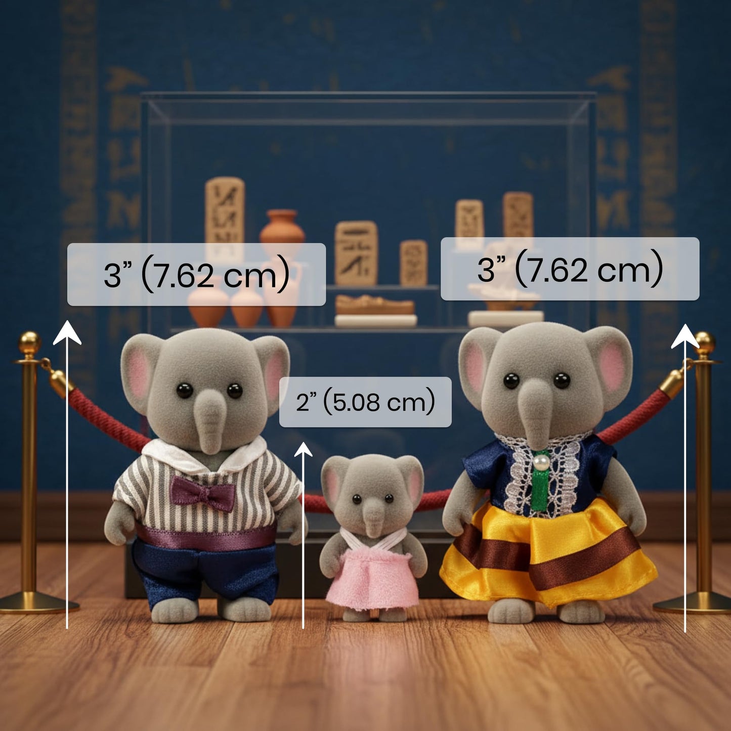 OLEOCA Family Gray Elephant Figures - Set of 3 Collectible Flocked Mini Dolls with Removable Clothes, Miniature Dollhouse Pretend Play Figures for