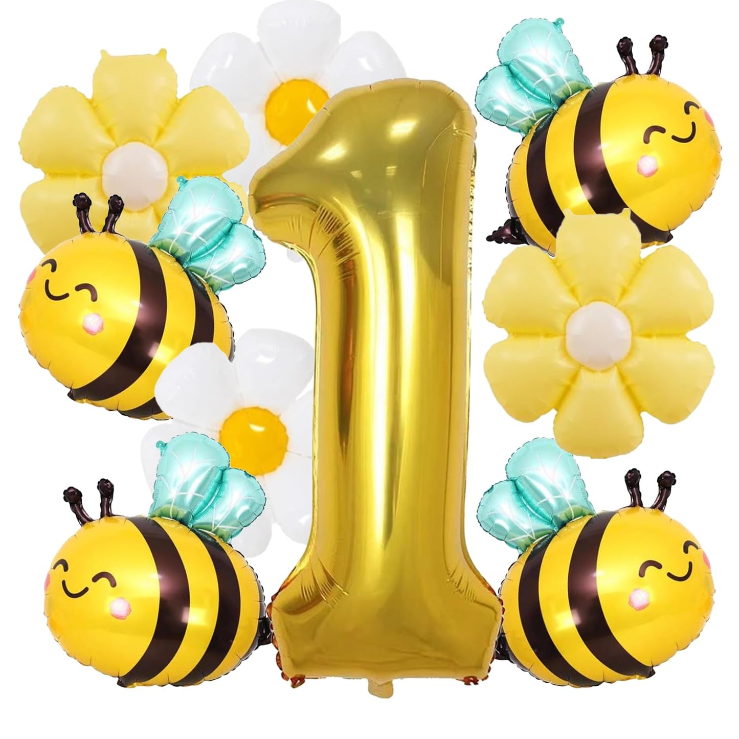 DANIUBE 9PCS Bee Balloons, Bee, White and Yellow Daisy Flower, Number 1 Foil Balloons for Baby Shower, 1st Birthday Party Decorations Supplies.