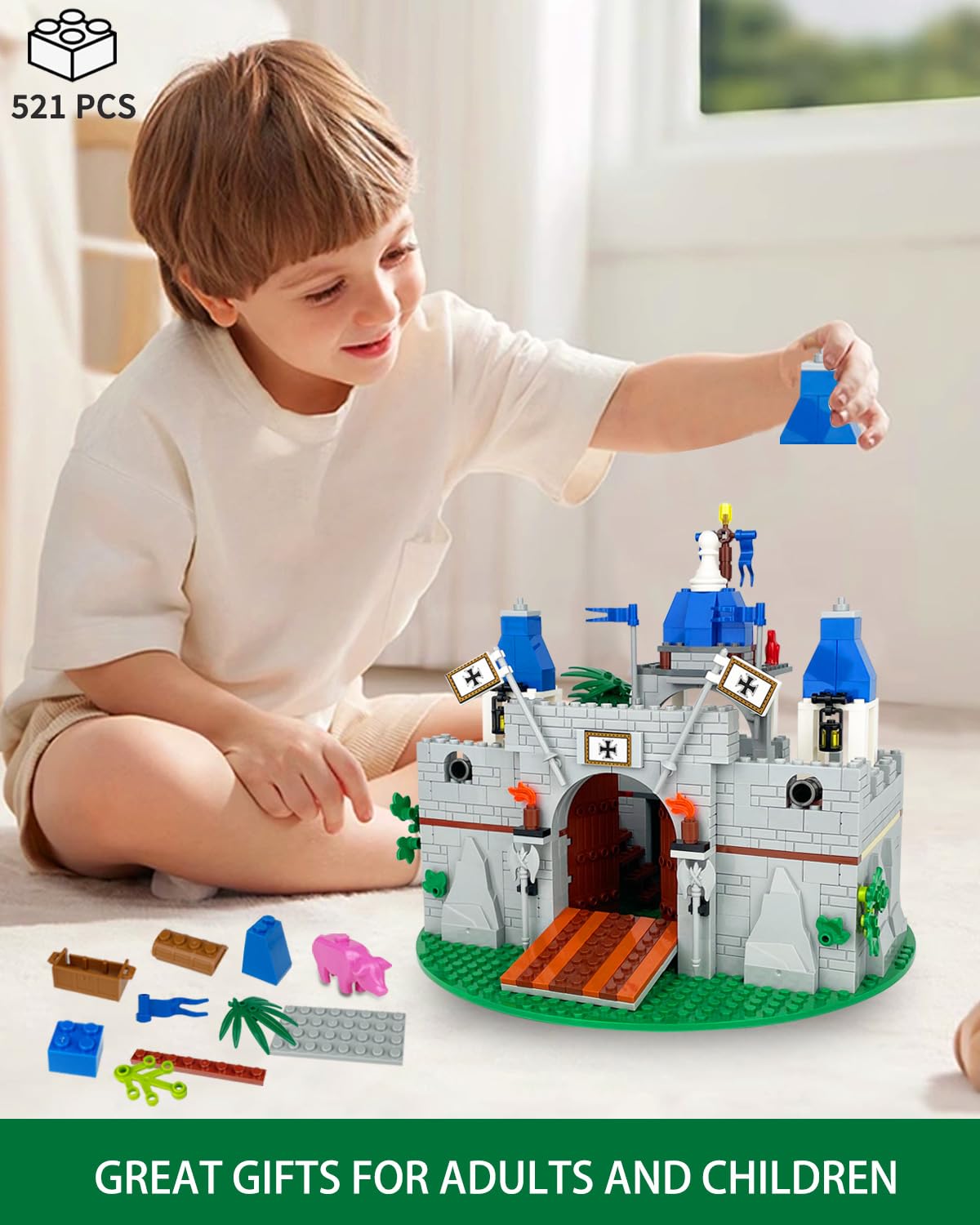 Piegricdiat Medieval Knight Castle Building Blocks Set - Comes with 12 Knights Figures , Compatible with Lego Medieval Town Square House Toys ,
