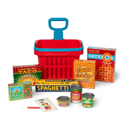 Melissa & Doug Fill and Roll Grocery Basket Play Set With Play Food Boxes and Cans (11 pcs)