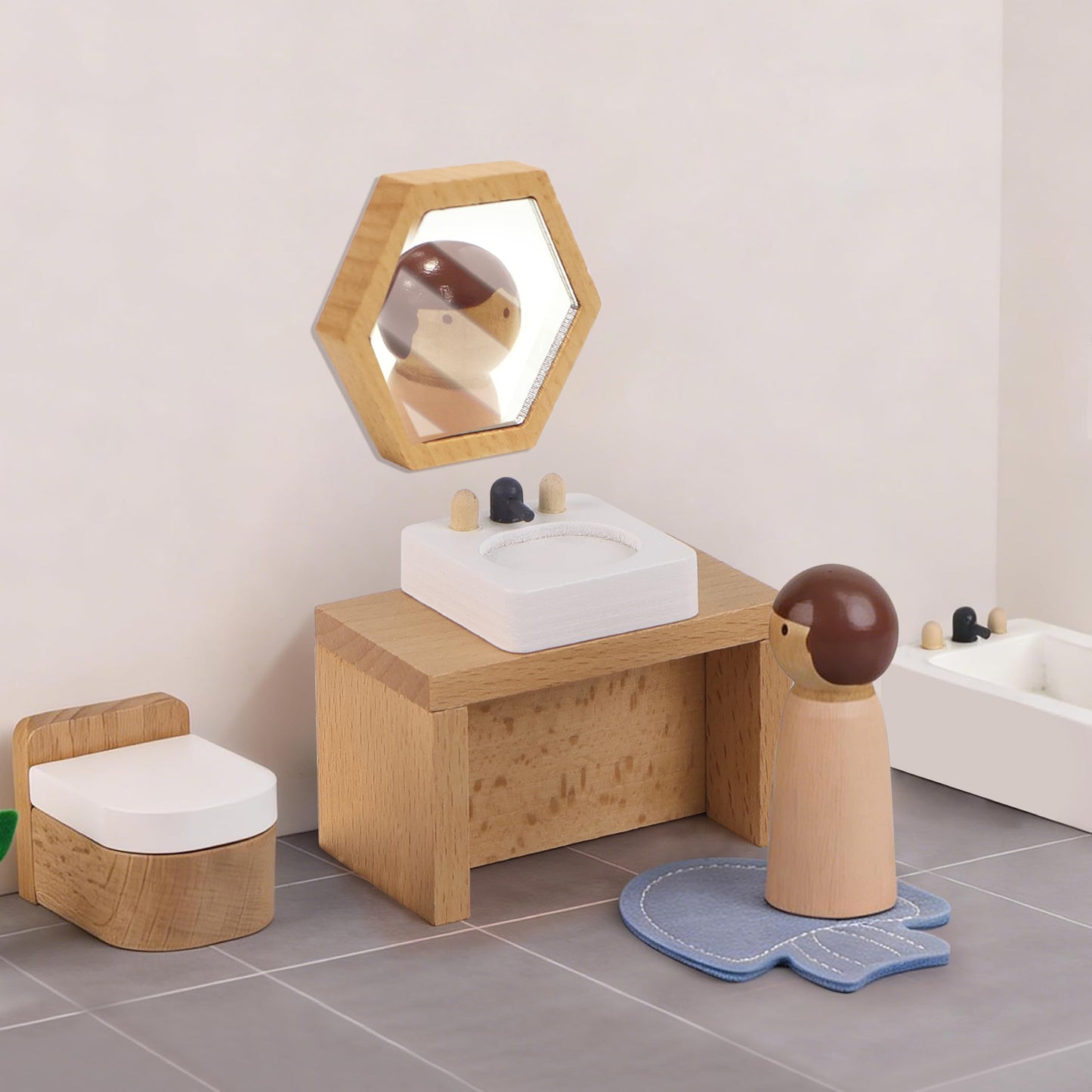 PairPear Wooden Toys Dollhouse Furniture Playset,Natural Wood Pretend Play Furnitures with Family Dolls,Dollhouse Accessories Toys Gift for Girls