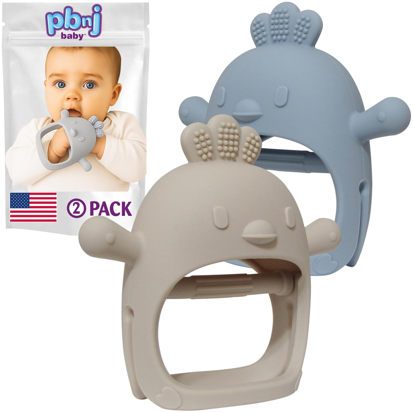 PBnJ Baby Teething Mittens for Babies 0-6 Months, 2 Pack Silicone Teething Mitten with 3 Textures & Crinkle Sound, BPA-Free Teether Glove for Teething