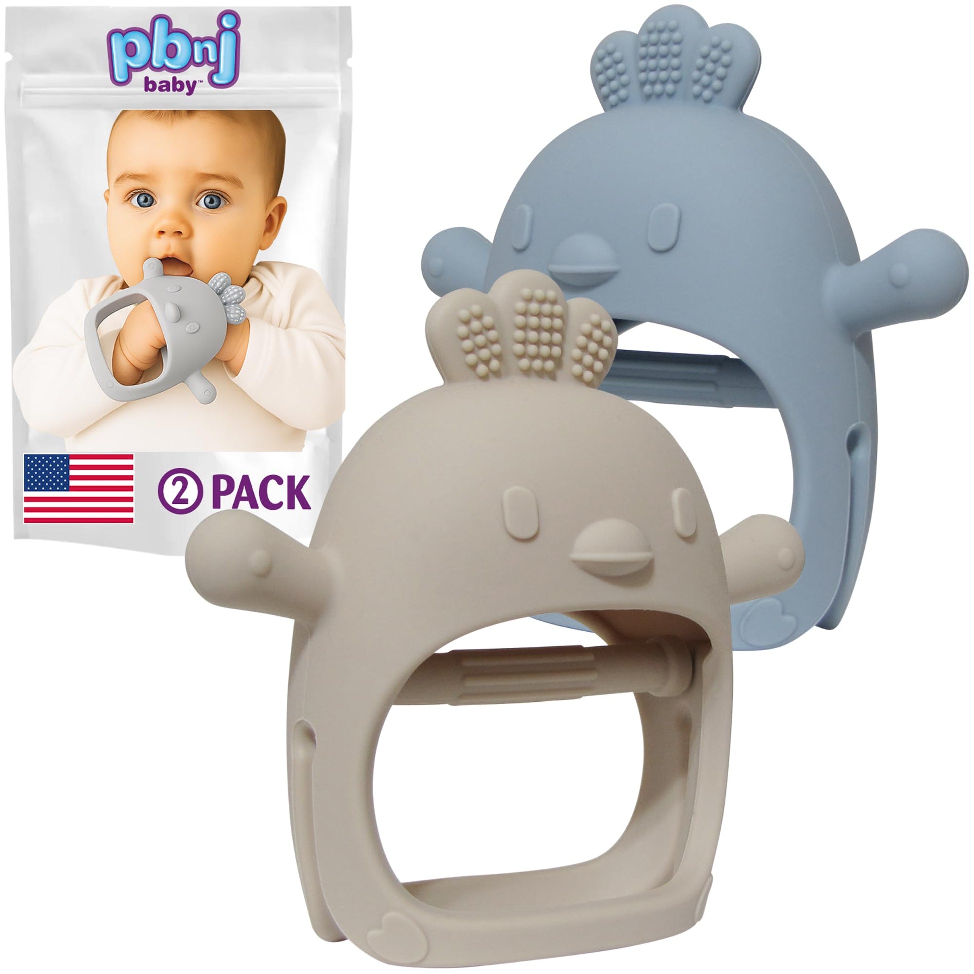 PBnJ Baby Teething Mittens for Babies 0-6 Months, 2 Pack Silicone Teething Mitten with 3 Textures & Crinkle Sound, BPA-Free Teether Glove for Teething