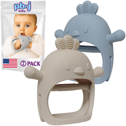 PBnJ Baby Teething Mittens for Babies 0-6 Months, 2 Pack Silicone Teething Mitten with 3 Textures & Crinkle Sound, BPA-Free Teether Glove for Teething