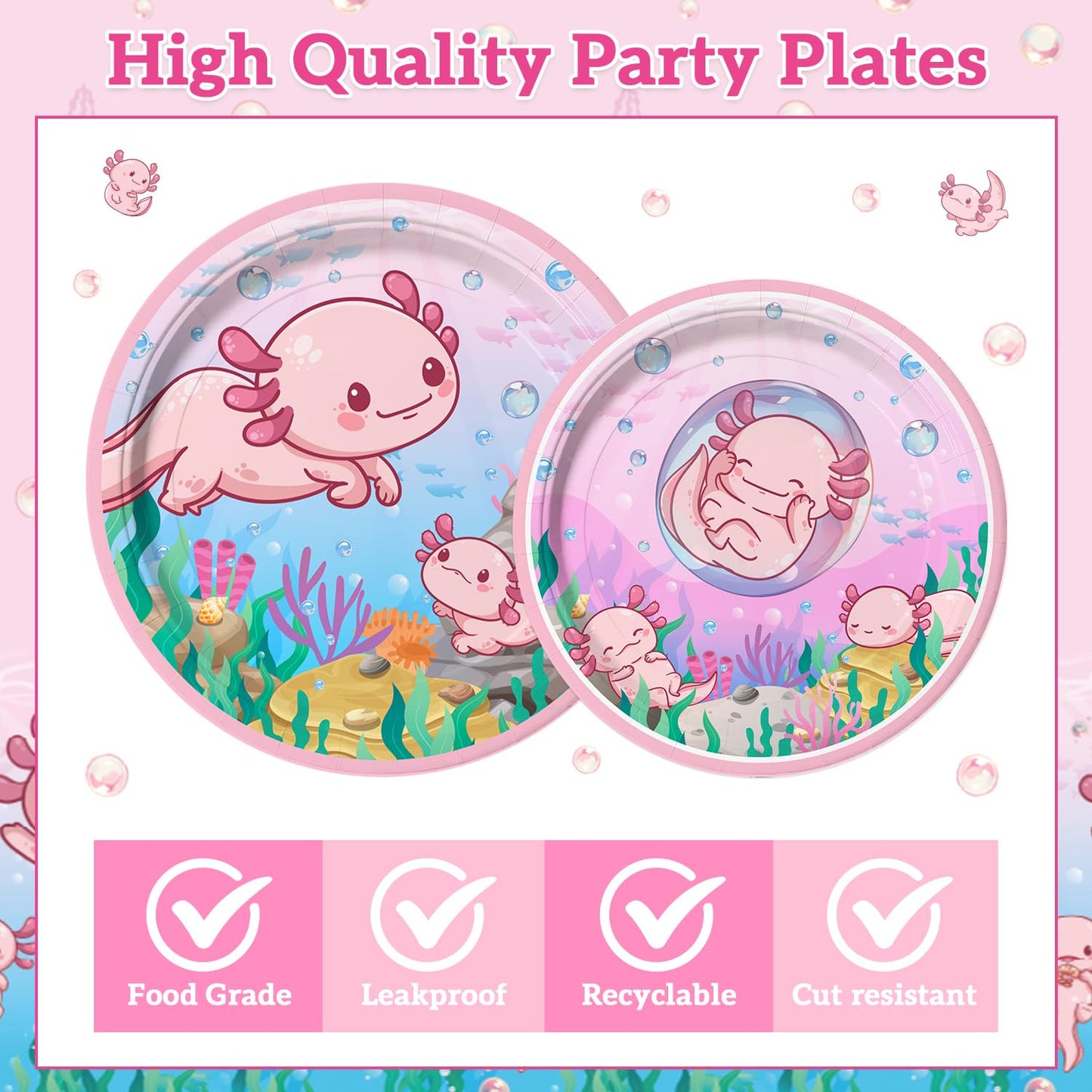 100PCS Pink Cartoon Axolotl Birthday Party Decorations, Axolotl Party Supplies Plates and Napkins Set, Axolotl Theme Paper Food Trays Large Food
