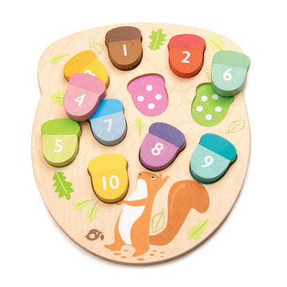 Tender Leaf Toys - How Many Acorns? - Count to 10 Number Wooden Puzzle Game - Counting, Sorting Activity Game for Children, Playroom, Montessori