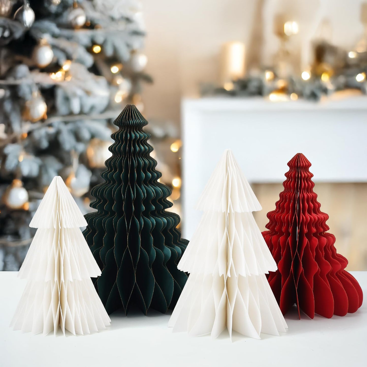 4pcs Christmas Decorations Folding Christmas Honeycomb Paper Tree 3D Xmas Trees Table Centerpiece Christmas Tree Honeycomb Decorations for New Years