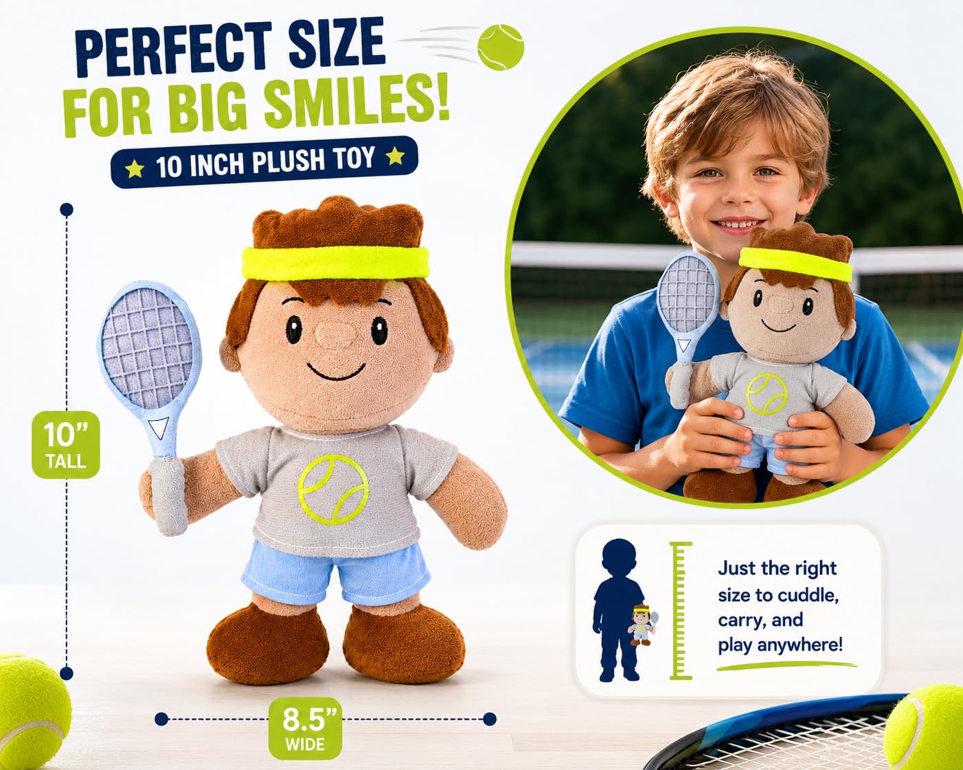 Olivia Martini Tennis Plush Toy for Kids - 10 Inch Sports Player Stuffed Animal, for Boys, Girls & Tennis Lovers, Soft Plush Doll for Bedroom Decor