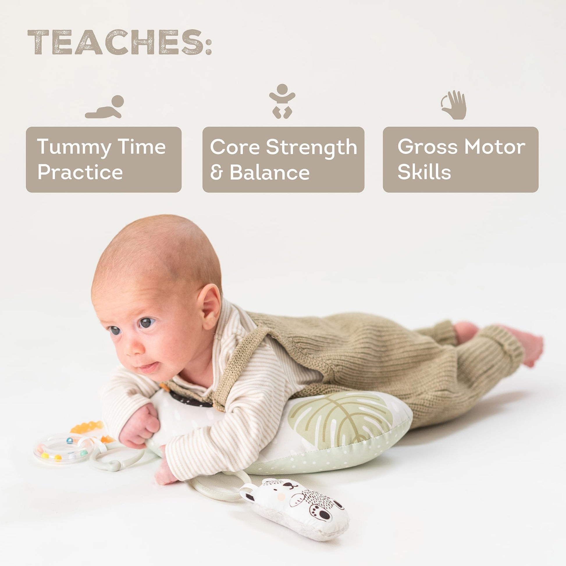 Taf Toys Ergonomic Tummy Time Support Toy with Teether and Rattle - Soft and Supportive Baby Toy for Enhanced Motor Skills Development