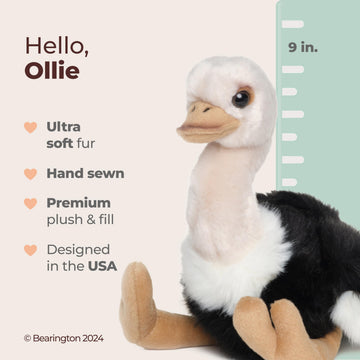 Bearington Ollie Ostrich Stuffed Animal - 9" Realistic Toy Ostrich Plush with Soft Fur, Floppy Body and Lifelike Details - Adorable Zoo Plushies