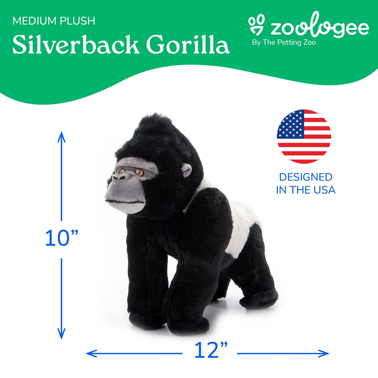 The Petting Zoo Silverback Gorilla Stuffed Animal Plushie, Gifts for Kids, Earth Keeperz Wildlife Animals, Zoologee Black Silverback Gorilla Plush