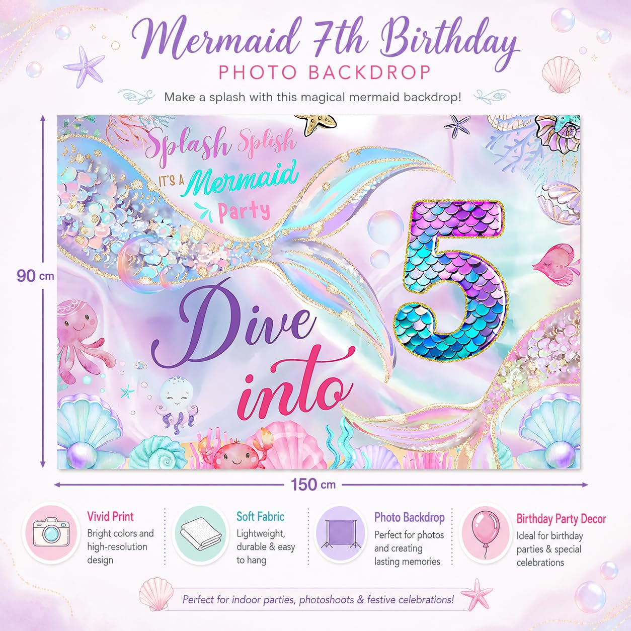 Mermaid birthday decorations Mermaid 5th Happy Birthday Backdrop Banner for Girls Party Under The Sea Birthday Party Decorations 5th birthday mermaid