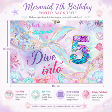 Mermaid birthday decorations Mermaid 5th Happy Birthday Backdrop Banner for Girls Party Under The Sea Birthday Party Decorations 5th birthday mermaid