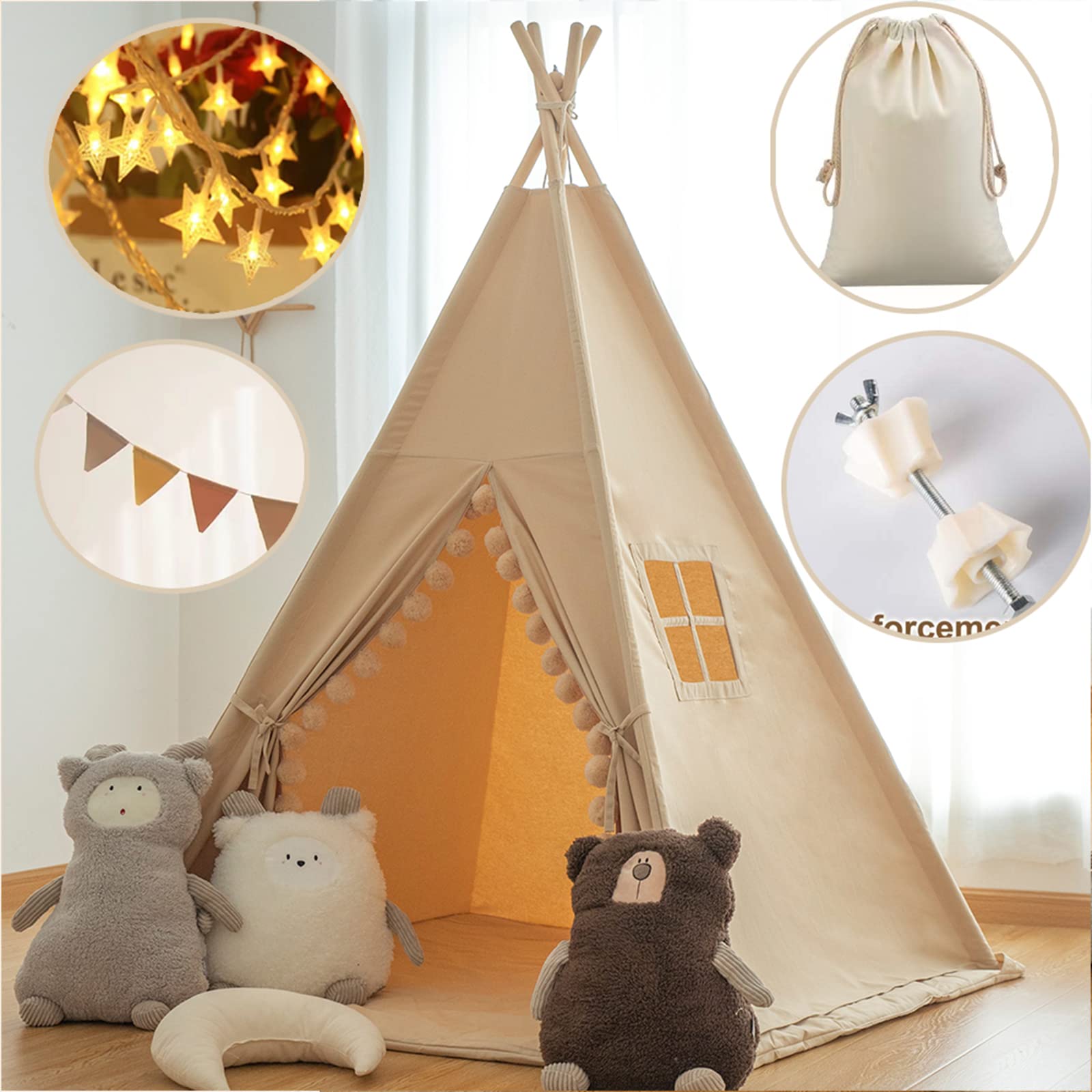 RONGFA Kids Teepee Tent with Lights &Large Pompoms & Carry Bag, Machine Washable Tent for Kids Indoor, Toddler Teepee for Girls & Boys（Without Mat）