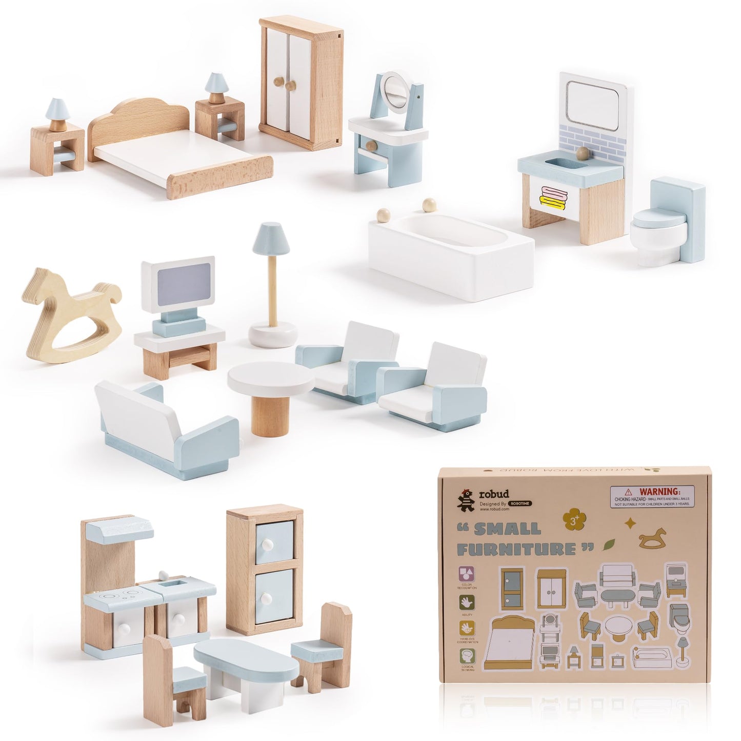 ROBUD Wooden Dollhouse Furniture Set, 23 Pcs Dollhouse Accessories, Miniature Furniture Including 5 Room Kits, Dollhouse Furniture Pretend Play Toys