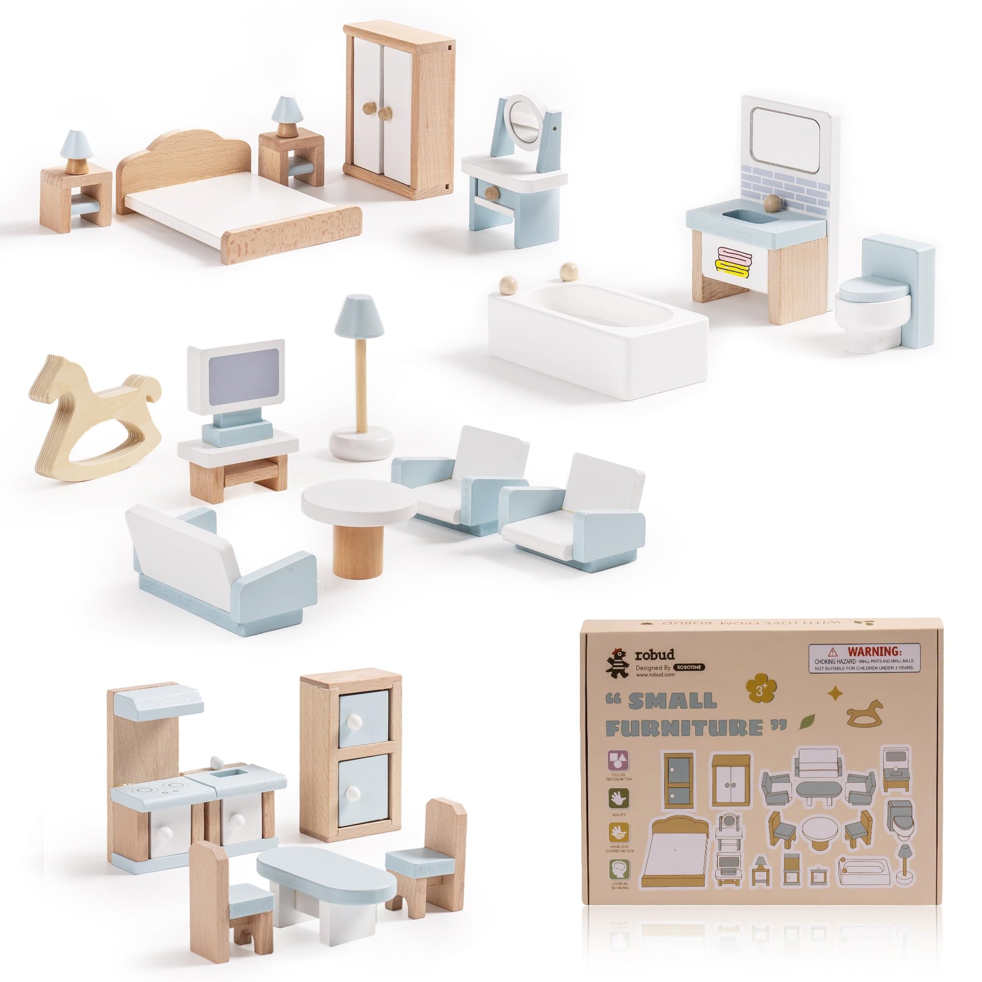 ROBUD Wooden Dollhouse Furniture Set, 23 Pcs Dollhouse Accessories, Miniature Furniture Including 5 Room Kits, Dollhouse Furniture Pretend Play Toys