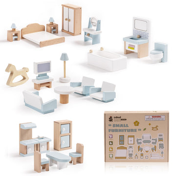 ROBUD Wooden Dollhouse Furniture Set, 23 Pcs Dollhouse Accessories, Miniature Furniture Including 5 Room Kits, Dollhouse Furniture Pretend Play Toys