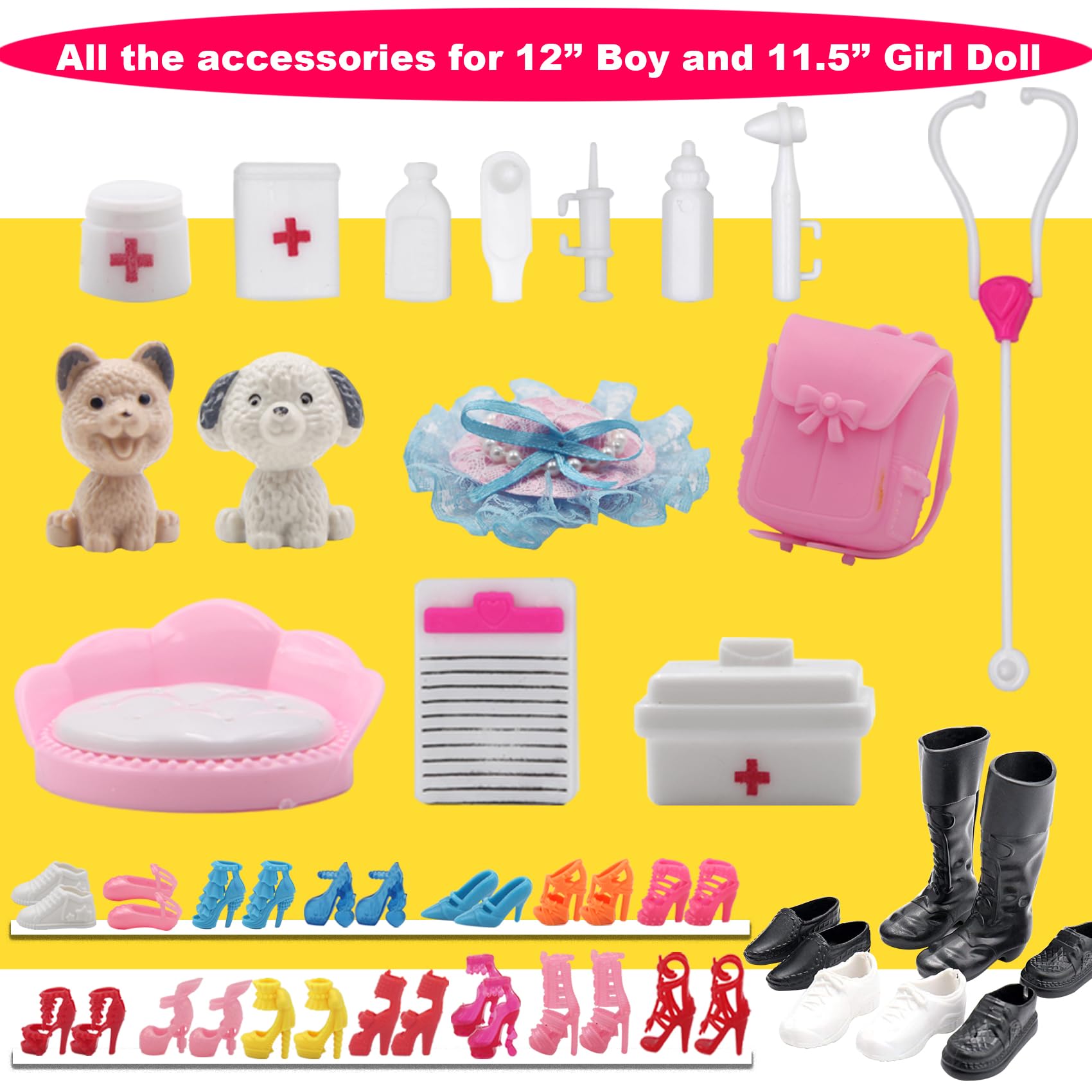 ZTWEDEN 71Pcs Doll Clothes & Accessories for 12 Inch Boy & Girl Dolls - Pet Care Set Includes 25 Wear Clothes, Shirts, Jeans, Suits, Shoes, Pet Doctor