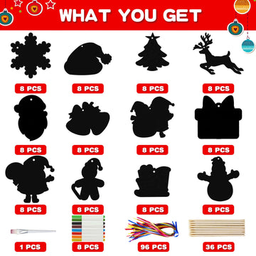 Max Fun Christmas Crafts Scratch Art for Kids, 96PCS Ornaments Rainbow Magic Color Scratch Off Cards Paper Hanging Art Craft Supplies Educational Toys
