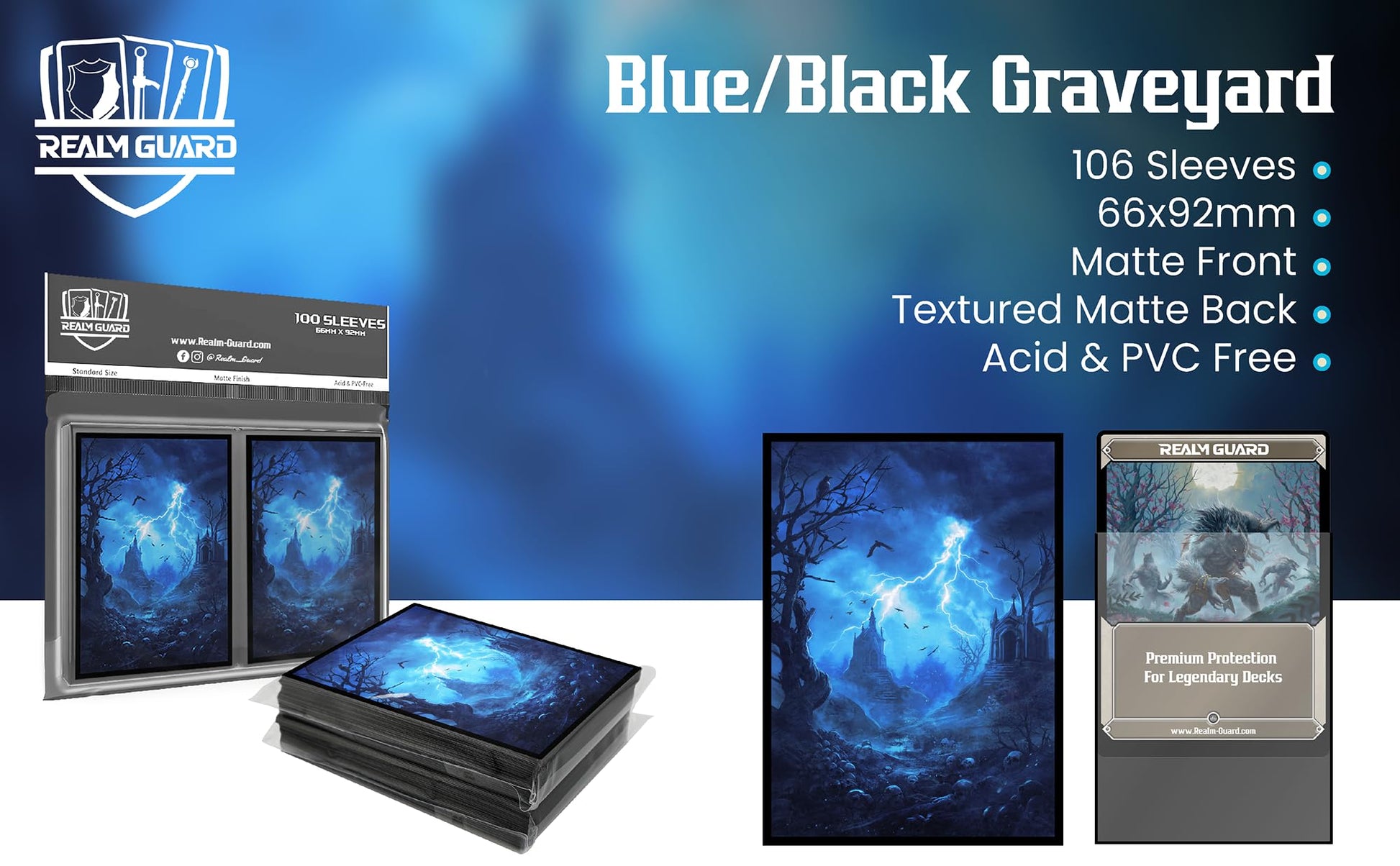 Realm Guard - 100ct Textured Matte TCG/MTG Card Art Sleeves (Blue/Black Graveyard)