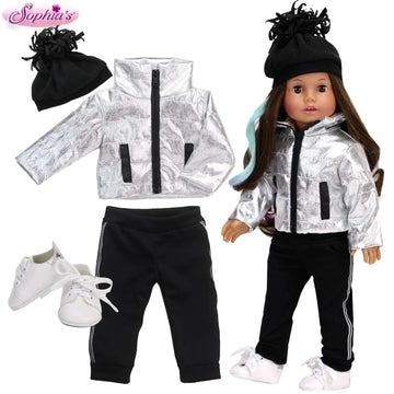 Sophia's 18" Doll Silver Metallic Jacket, Black Side Stripe Joggers, Knit Hat & Sneakers