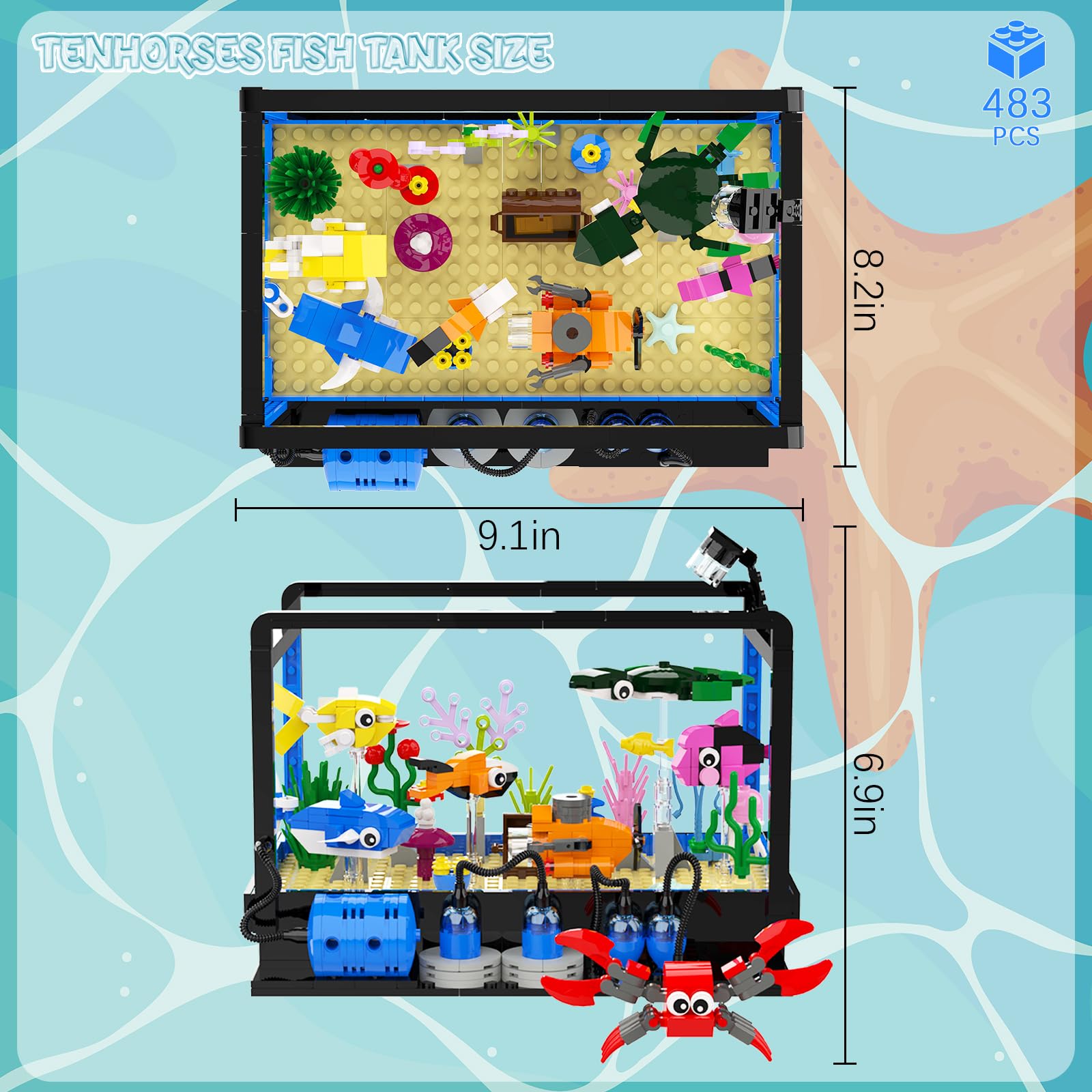Tenhorses Fish Tank Building Block Set, Lighting Aquarium Sets Including Marine Life, a Submarine and a Treasure Chest, Building Block Toy for 6+