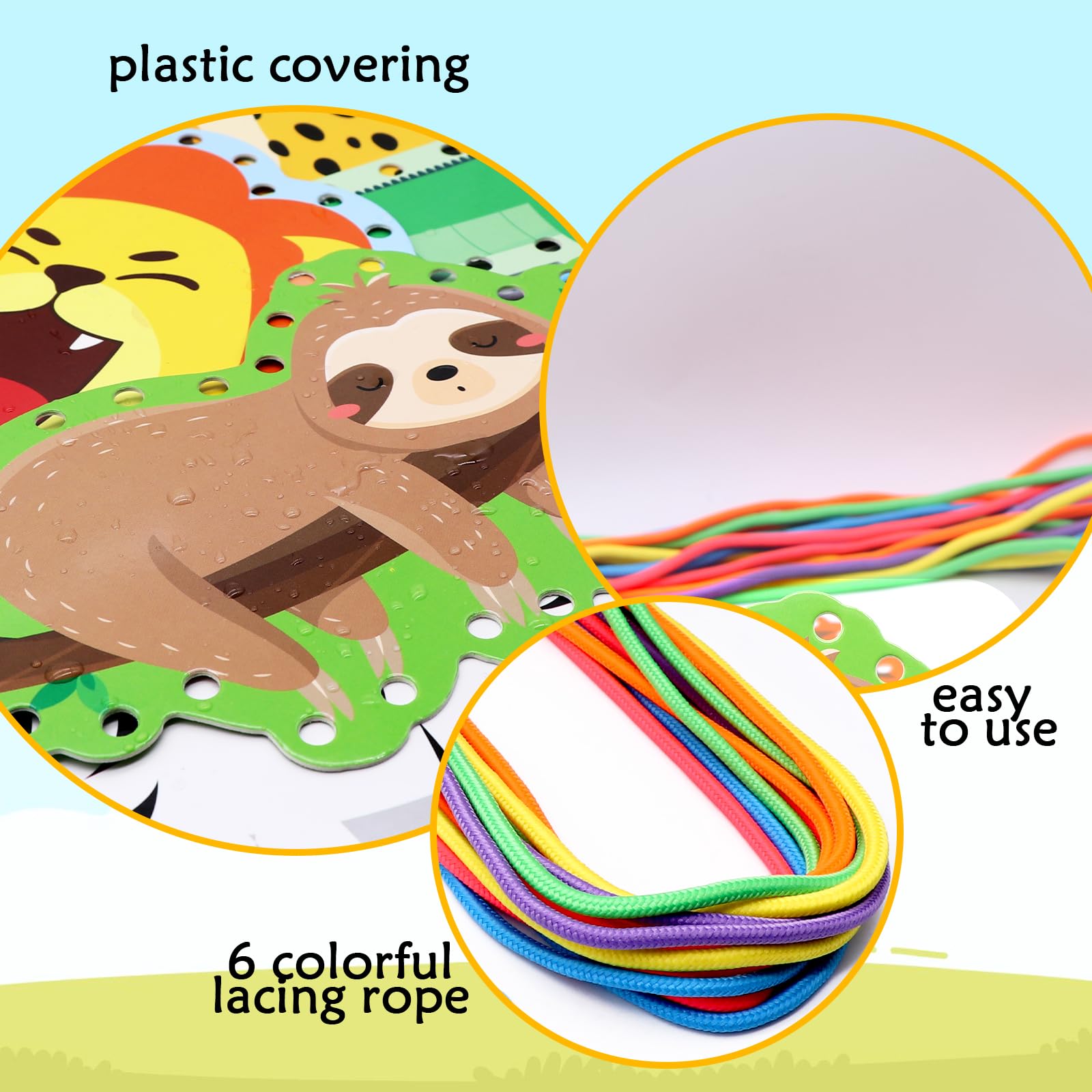 Omlisca Jungle Animal Lacing Cards for Kids 12 Packs Double Sided Sewing Kits Lion Wild Animal Sewing Cards Educational & Learning Activities Fine