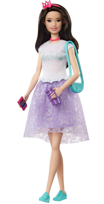 Barbie Princess Adventure Renee Doll (12-inch Brunette) in Fashion and Accessories, with Smart Phone, Purse, Travel Mug and Tiara, Gift for 3 to 7