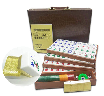 Chinese Mahjong X-Large 144 Numbered Acrylic Tiles 1.5" Large Gold Sparkle Tile with Carrying Travel Case Pro Complete Mahjong Game Set - (Mah Jong