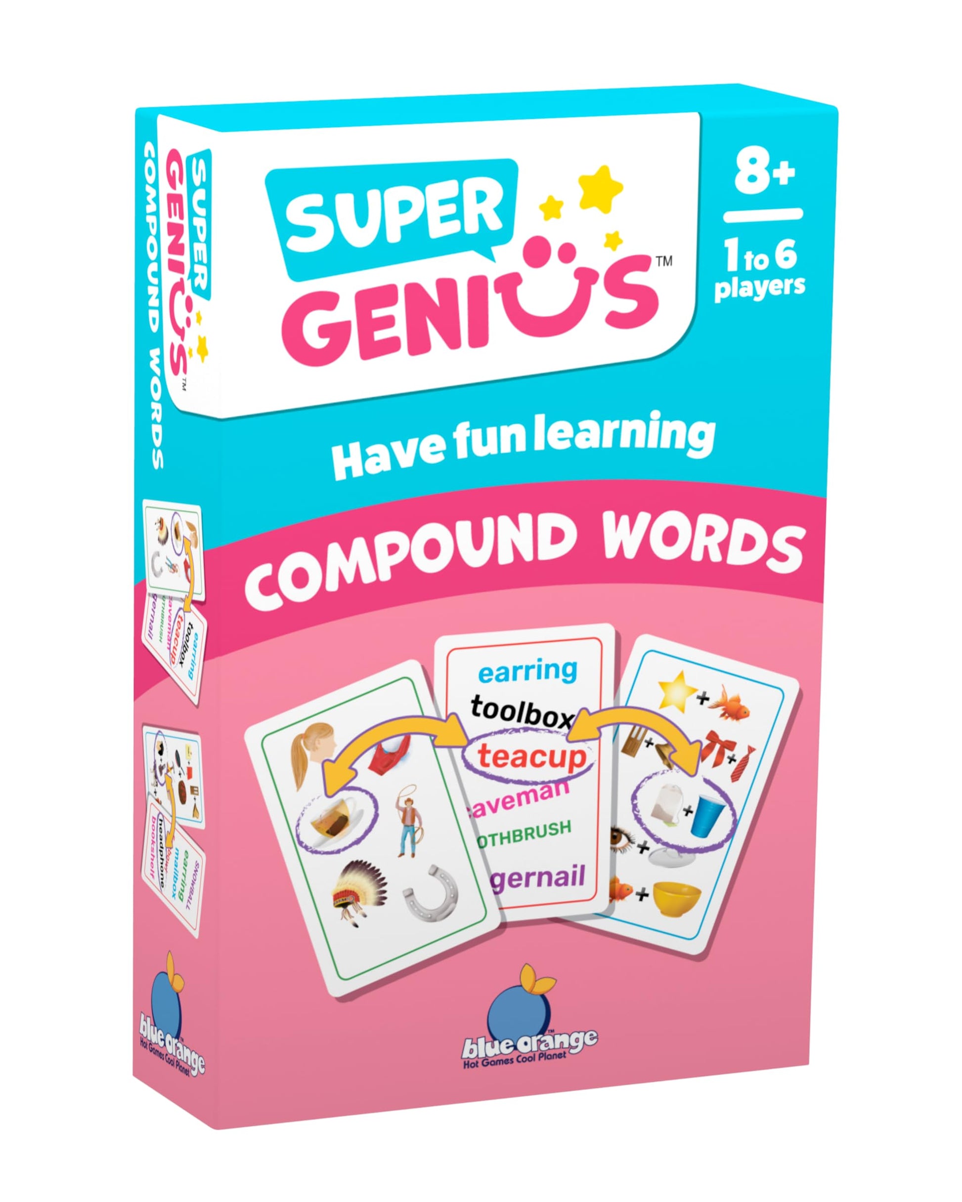 Blue Orange Super Genius Compound Words - Tabletop Card Game, Fun Flash Card Concentration Matching Game for Kids, Ages 8+, 1-6 Players, Teacher