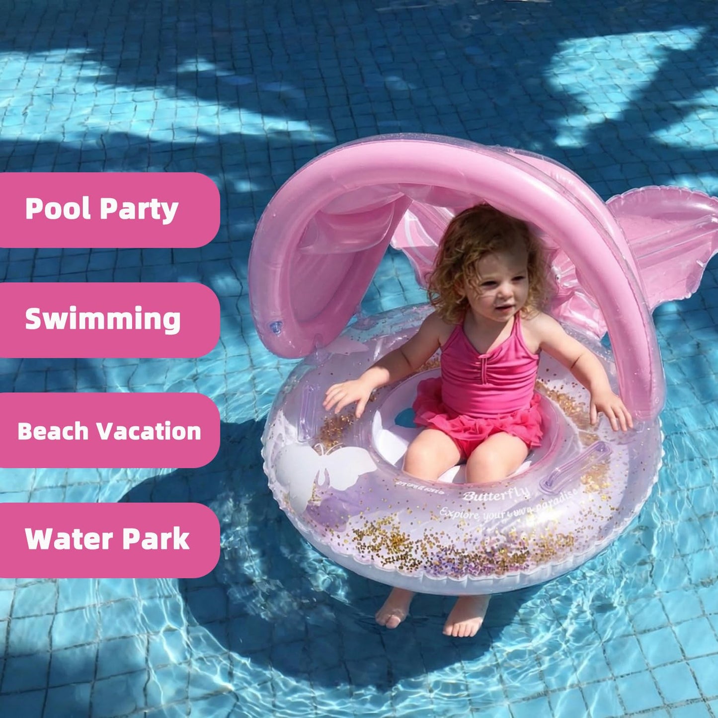 Pool Floats Kids, Inflatable Baby Toddler Swim Ring with Gold Glitter Butterfly Back Support, Ages 6+ Months Under 50 lb, Cute Summer Pool Floaties