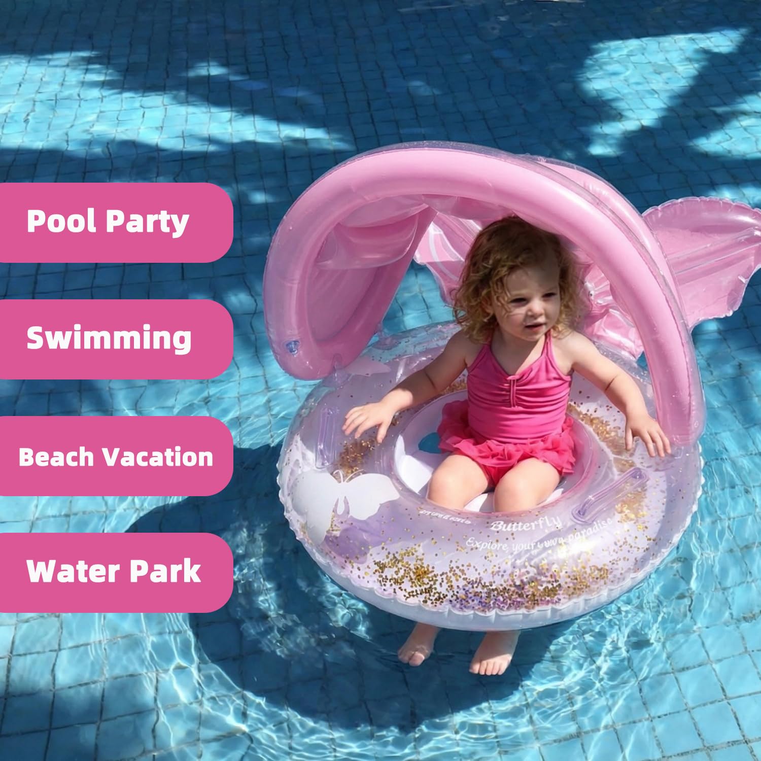 Pool Floats Kids, Inflatable Baby Toddler Swim Ring with Gold Glitter Butterfly Back Support, Ages 6+ Months Under 50 lb, Cute Summer Pool Floaties