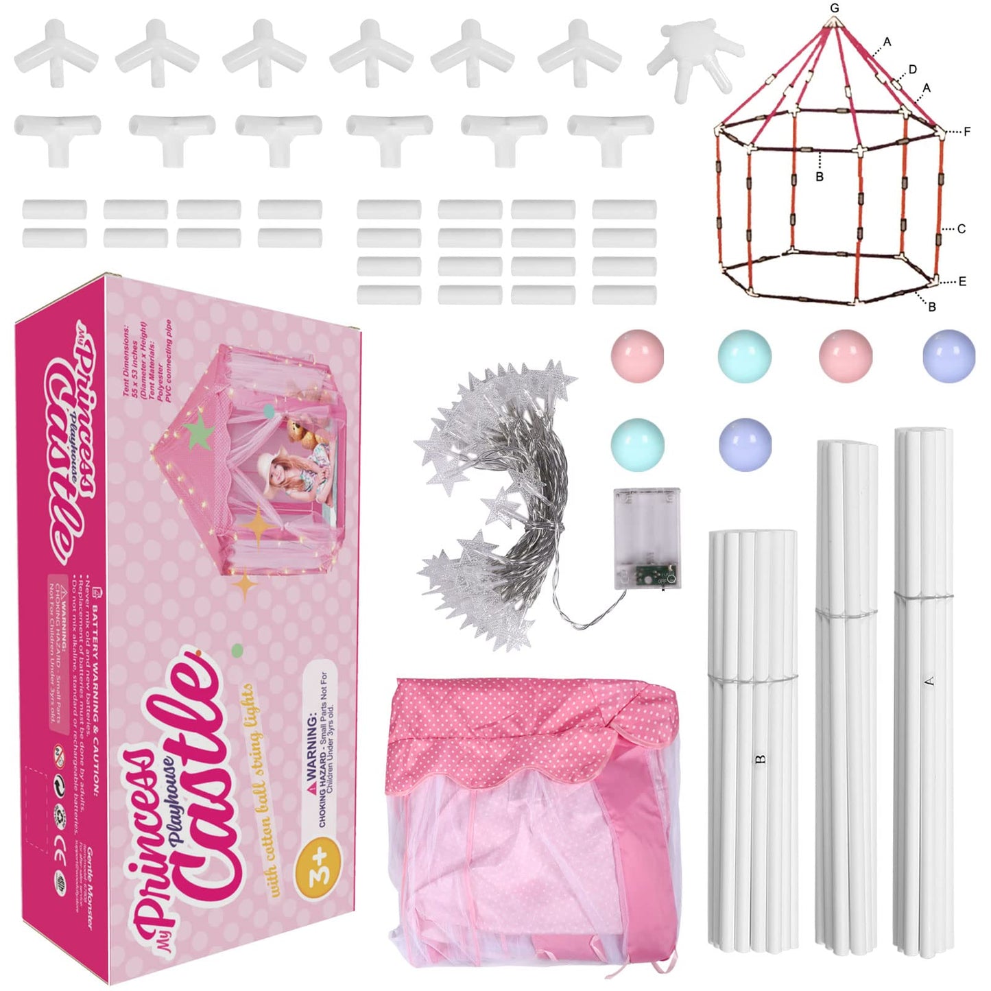 Volscity Princess Tent with LED Star Lights,Kids Castle Play Tent for Girls,Large Playhouse Girl Toy Gifts Age 3+,Indoor and Outdoor Games 55.5"x
