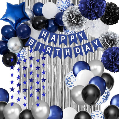 Navy Blue Birthday Decorations for Men Boys, Blue Silver Party Decorations Happy Birthday Banner Fringe Curtains star garland Paper Pom Poms Party