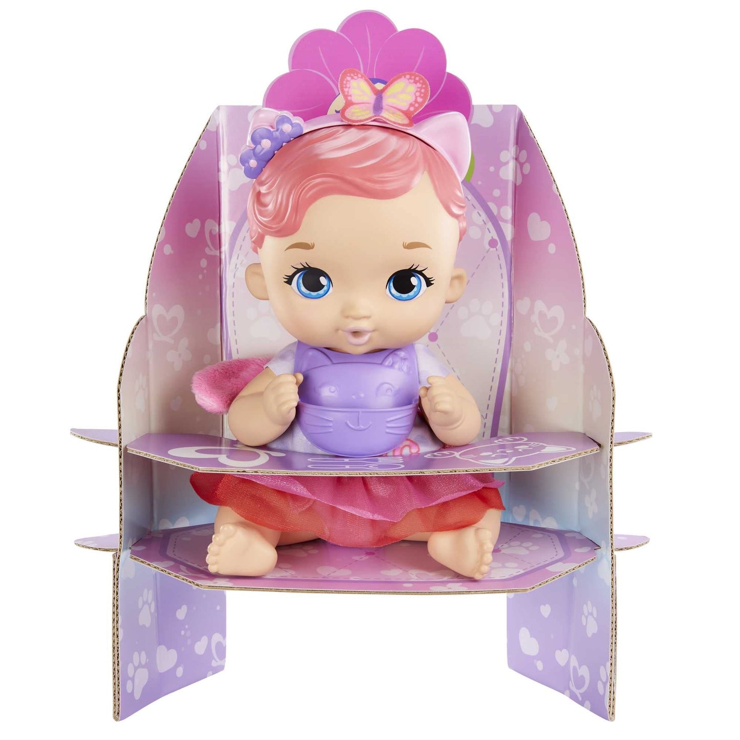 My Garden Baby Kitten Bebe and Pees Pink Ears Baby Doll Toy with Diaper, Bottle, Headband and Accessories, Gift +3 Years (Mattel HHL21)