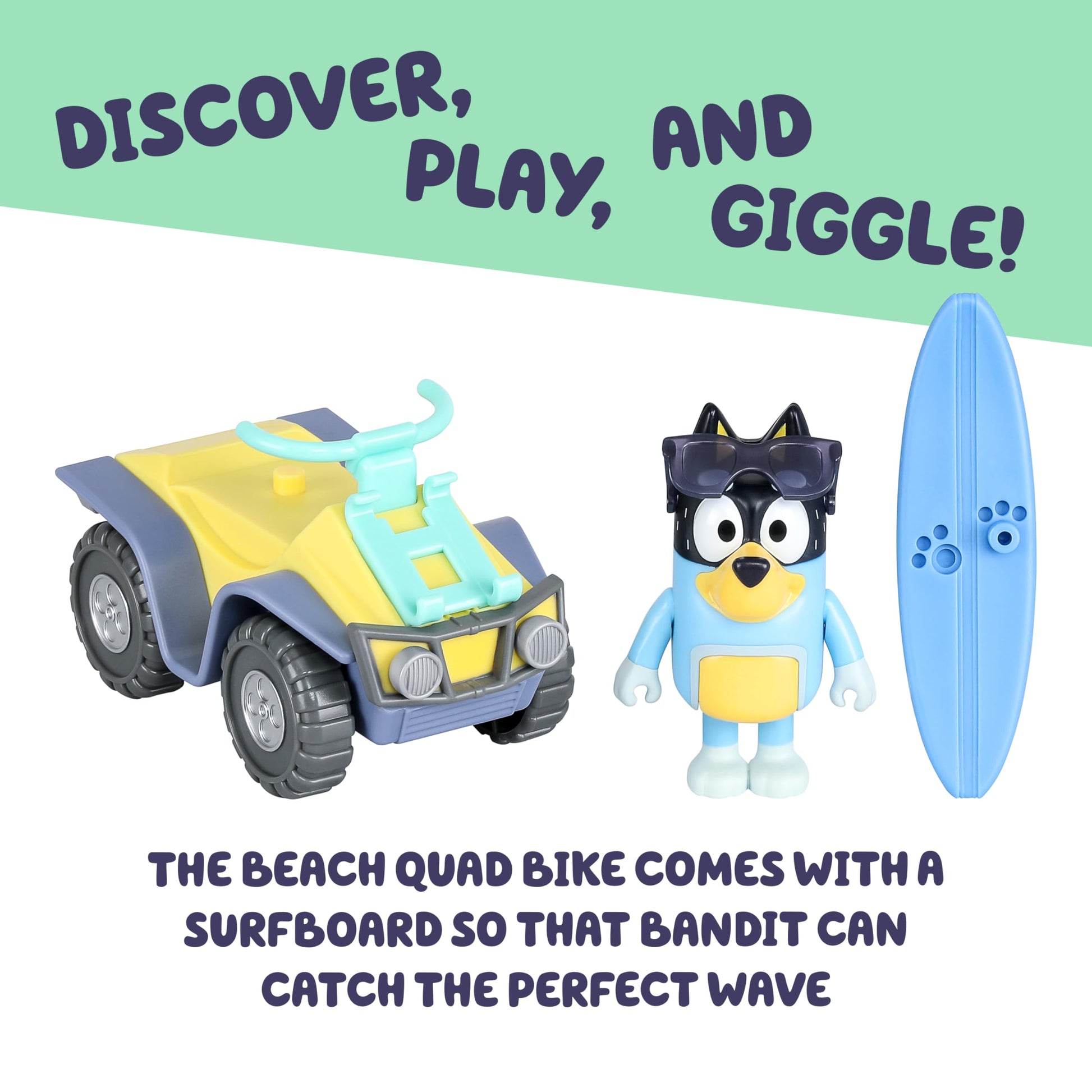 Bluey Bandit Surf Beach Toy Set, Exclusive 3" Poseable Bandit Figure Beach Toy Kit with Sunglasses, Quad Bike & Surfboard Accessories