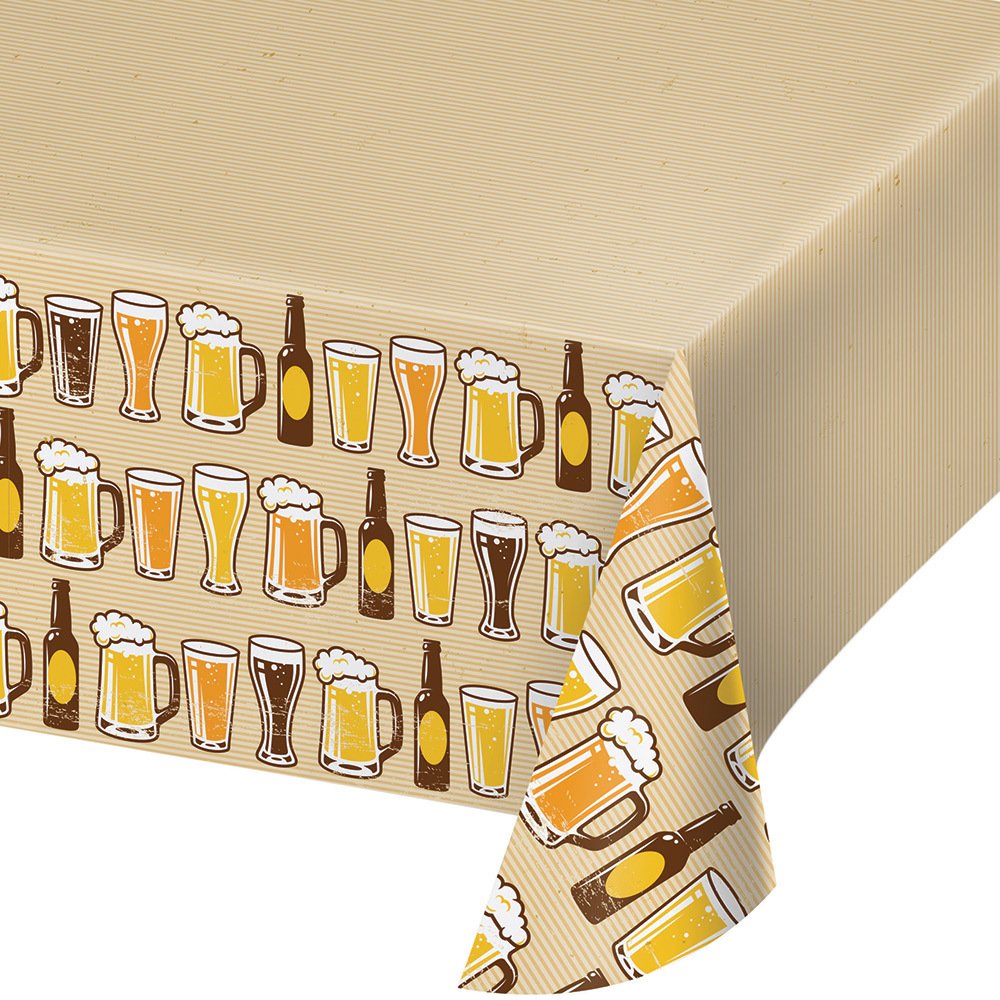 Creative Converting 324453 Cheers & Beers Plastic Border Print Tablecover, 54" x 102", Ivory