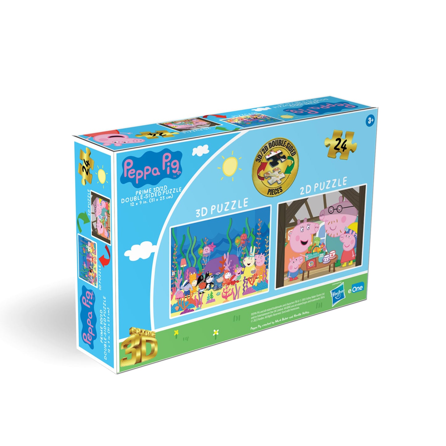Prime 3D | Hasbro | Peppa Pig | 24 Piece 3D/2D Double-Sided Jigsaw Puzzle for Kids | Finished Size 12" x 9" | Challenging & Fun for Kids & Families |