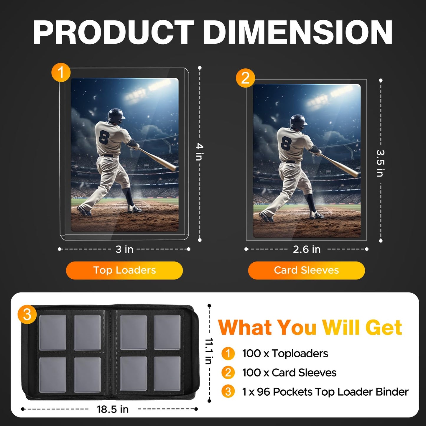 200 Card Sleeves Top Loaders for Cards Included 96 Pockets Top Loader Binder, 3" x 4" Baseball Card Protector Hard Plastic Card Holder for Sports