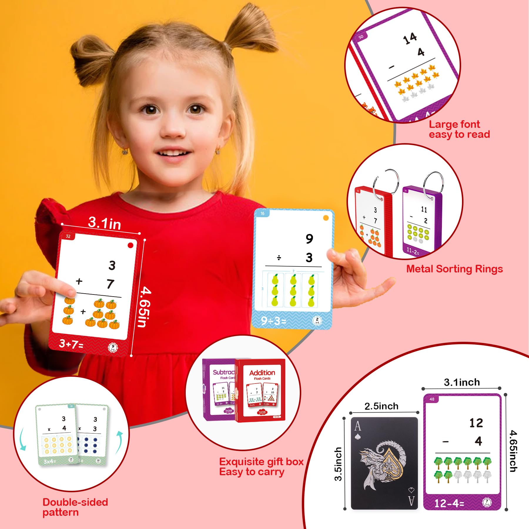 220Cards, 424Pictures Educational Math Flash Cards, Addition Subtraction Multiplication Division Flash Cards, for 7,8,9,10,11Years, 2ed, 3rd,4th,5th