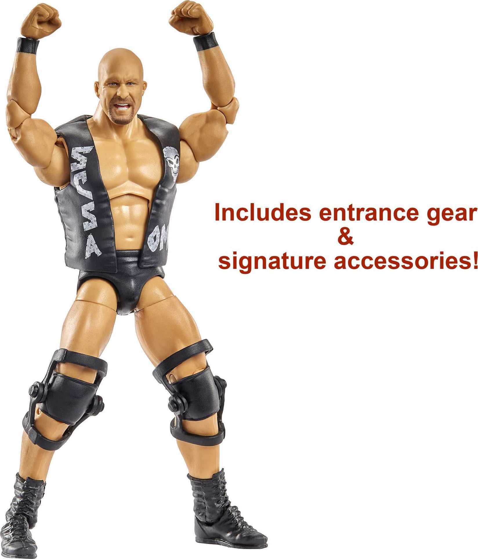 WWE “Stone Cold” Steve Austin Wrestlemania Action Figure with Entrance Gear & Vince McMahon Build-A-Figure Pieces, 6-in Posable Collectible Gift