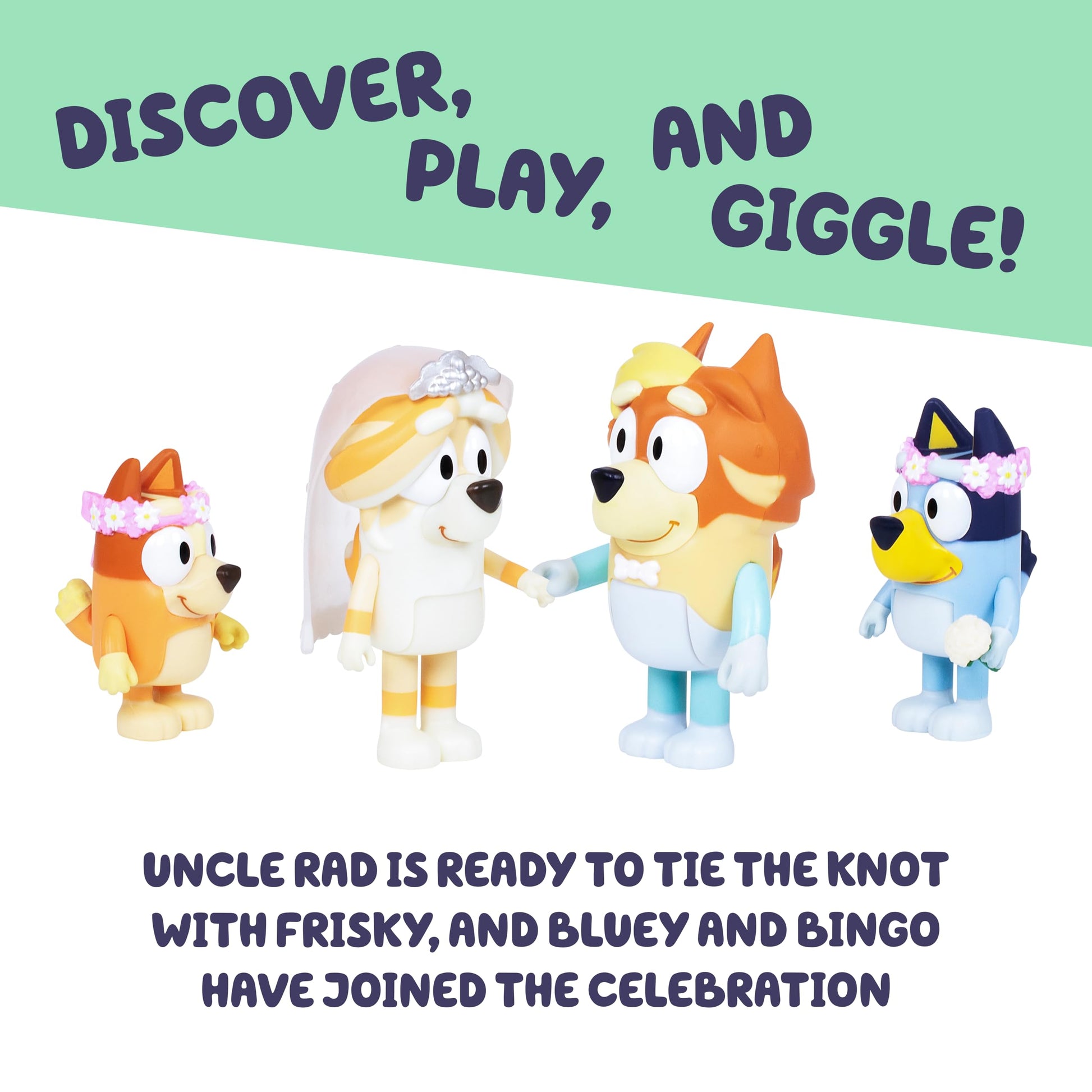 Bluey Wedding Figures Pack of 4, Articulated Character Toys with Uncle Rad, Frisky, and Flower Bingo Figurines, Action Figures for Kids Ages 3+