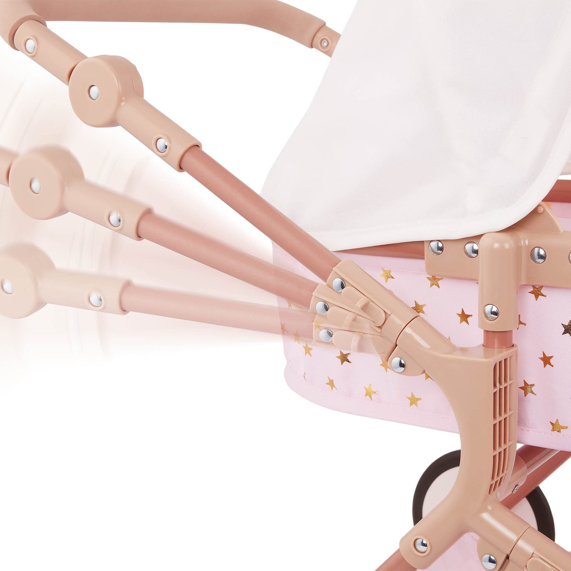 LullaBaby BABI by Battat - Baby Doll Double Stroller Mini Gold Stars - Foldable Canopy, Swivel Wheels, Storage Basket - Pink Carriage Fits Twin