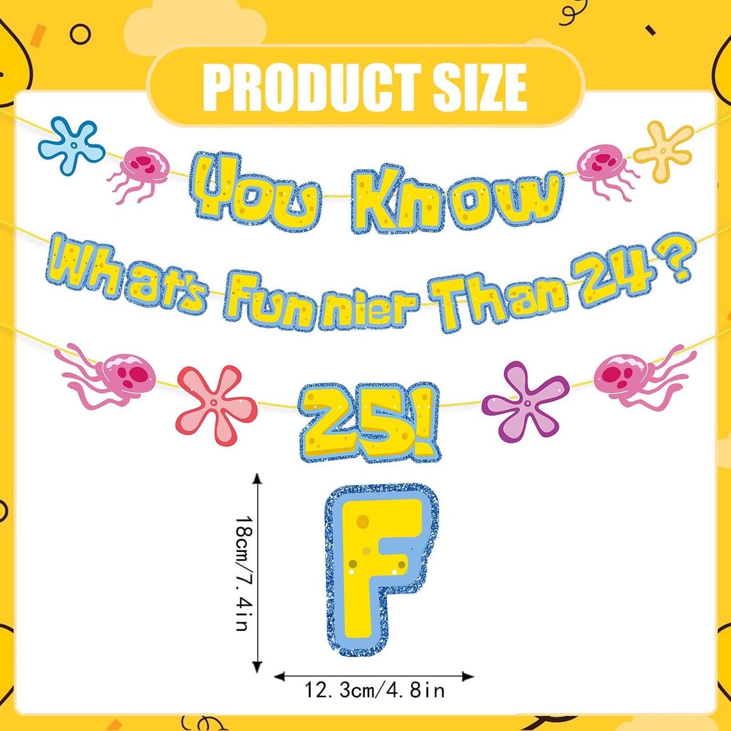 Yellow Glitter 25th Birthday Banner & Cake Topper Kit - “What’s Funnier Than 24?” Party Decoration Set for Milestone 25th Birthday Celebrations