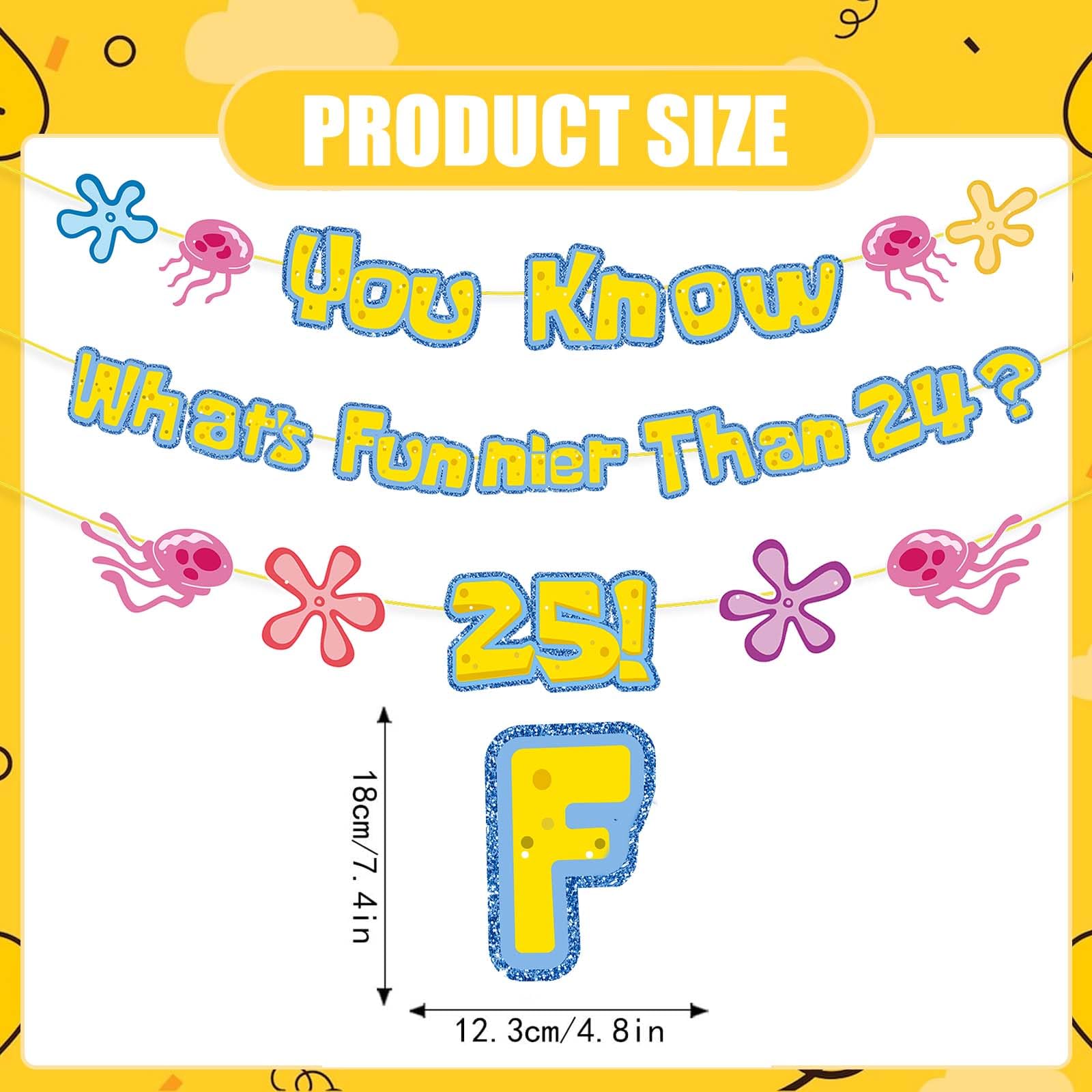 Yellow Glitter 25th Birthday Banner & Cake Topper Kit - “What’s Funnier Than 24?” Party Decoration Set for Milestone 25th Birthday Celebrations