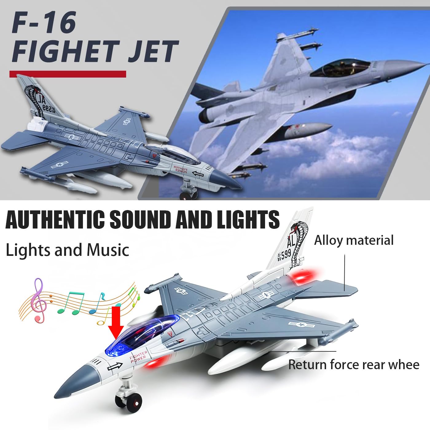 F-16 Fighting Falcon Thunderbirds Model Army Air Force Military Airplane Model Kit with Fun Lights and Sounds, Suitable for Military Enthusiasts