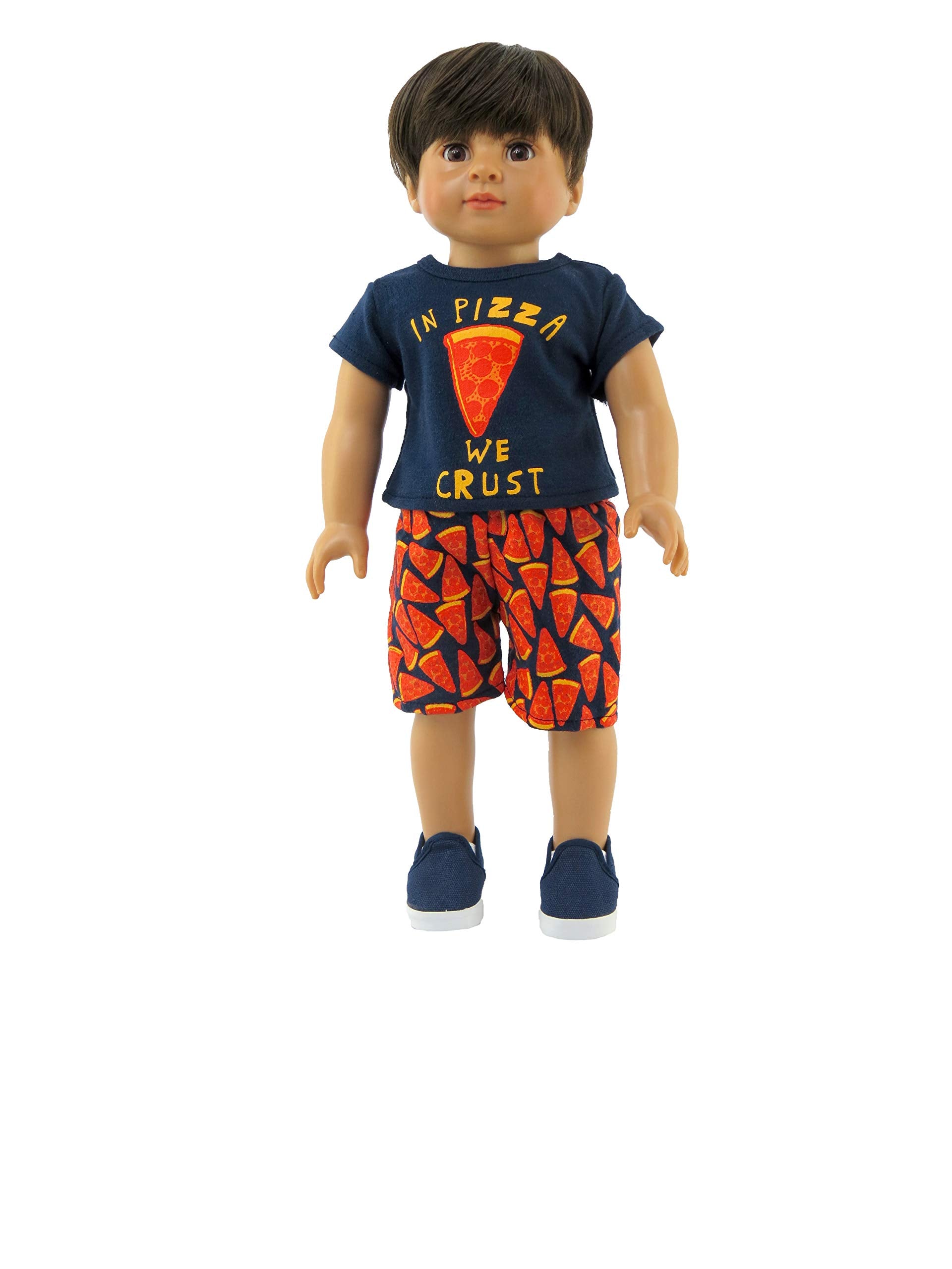 American Fashion World Boy’s Pizza Shorts Set for 18-Inch Dolls | Premium Quality & Trendy Design | Dolls Clothes | Outfit Fashions for Dolls for