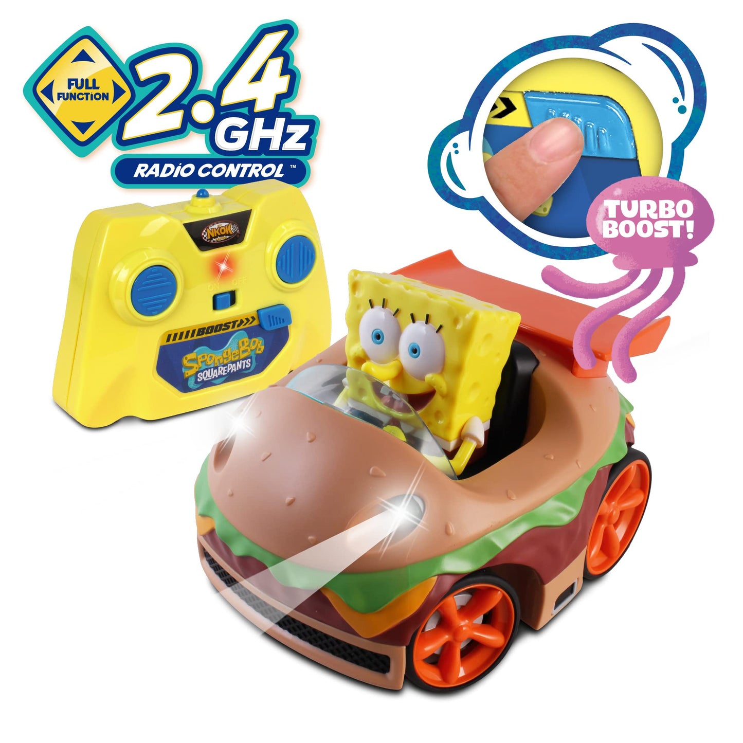 NKOK Spongebob Krabby Patty RC Car with Lights & Turbo Boost, Ages 6+